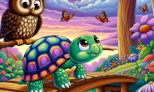 Une tortue nommée Tilly, avec une carapace colorée, avance lentement sur un pont suspendu, affichant détermination et émerveillement. À côté, un hibou sage, perché sur une branche, l'observe avec bienveillance, prêt à lui donner des conseils. En arrière-plan, un jardin enchanteur, rempli de fleurs colorées et de papillons, s'étend sous un ciel crépusculaire. Tilly traverse le pont fragile, surmontant sa peur, et découvre les merveilles qui l'attendent, symbolisant le courage et la persévérance.