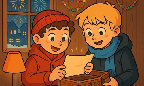 Deux garçons de 12 ans, Max et Léo, se tiennent au centre de la scène. Max, avec des cheveux bruns et bouclés, porte un manteau rouge vif et un bonnet en laine, tandis que Léo, aux cheveux blonds et lisses, est vêtu d'une écharpe bleue et d'un manteau noir. Ils préparent des décorations pour la fête du Nouvel An dans une petite maison chaleureuse, avec des murs en bois et des fenêtres illuminées. À l'intérieur, une table est couverte de fournitures créatives. À l'extérieur, Lumièreville est éclairée par des feux d'artifice. Max et Léo découvrent une vieille boîte en bois contenant une lettre mystérieuse qui les appelle à une aventure magique pour le Nouvel An.