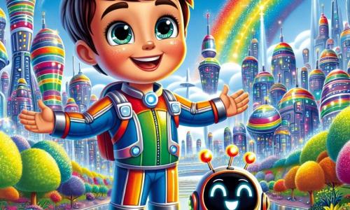 Un garçon de 6 ans, Tom, aux cheveux châtains et aux yeux curieux, porte une combinaison colorée qui brille au soleil. Il sourit, les bras ouverts, prêt à explorer sa ville futuriste. À ses côtés, Spark, un robot rond et joyeux, fait une pirouette. En arrière-plan, la ville de Lumina s'étend avec ses tours en forme d'arcs-en-ciel, des maisons aux couleurs changeantes et des arbres luxuriants sur les toits. Le ciel est bleu, parsemé de voitures volantes. Tom et Spark se tiennent devant un immense parc aux balançoires flottantes, entouré de jardins suspendus où des oiseaux robots chantent, et Tom est prêt à découvrir ses secrets.