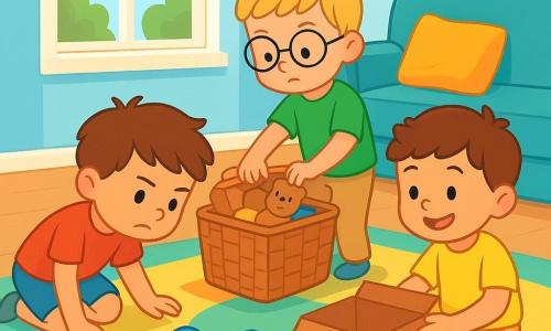 Trois garçons de 4 ans sont présents : Hugo, accroupi sous la table, avec des cheveux bruns, un t-shirt rouge et un short bleu ; Malo, debout et fouillant dans le panier à jouets, avec des cheveux blonds, des lunettes rondes, un t-shirt vert et un pantalon beige ; et Paul, assis sur le tapis, tenant une boîte à chaussures ouverte, avec des cheveux châtains, un t-shirt jaune et un short à rayures. Ils se trouvent dans un petit salon lumineux avec un grand tapis coloré, des murs bleu clair et des jouets éparpillés. Les garçons cherchent leur balle bleue disparue, affichant des expressions déterminées dans une ambiance ludique et joyeuse.