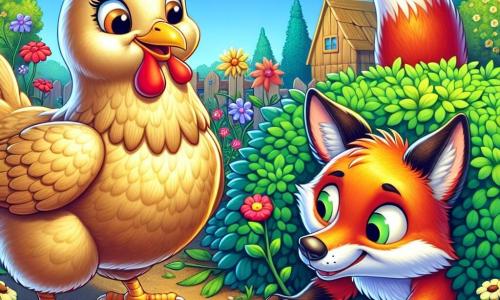 Au centre de l'image, Coquette, une poule aux plumes dorées, picore des graines avec un regard curieux. À côté, le Renard Rusé, coincé dans un buisson, semble inquiet mais reconnaissant en essayant de se libérer. Le décor est un jardin coloré avec des fleurs éclatantes, un ciel bleu clair et une petite cabane en bois au fond. Coquette s'approche courageusement du buisson pour aider son ami, illustrant l'entraide et l'amitié entre les animaux.