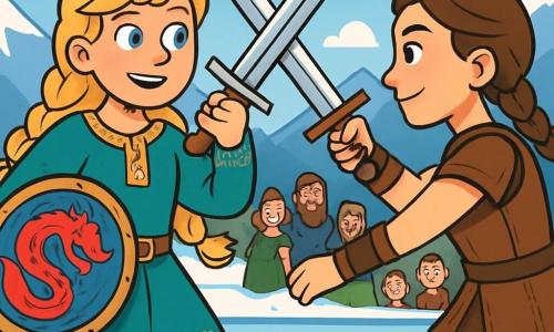 Une jeune femme viking, Astrid, se tient au centre d'un lac gelé, ses yeux brillants d'excitation et de détermination. Elle porte une tunique brodée de runes protectrices et un bouclier orné d'un dragon, avec un sourire confiant. À sa droite, Ingrid, une guerrière d'un clan rival, observe Astrid avec respect, prête à engager le duel. Le lac est entouré de montagnes enneigées, le ciel est bleu, et des spectateurs curieux se tiennent sur les rives, impatients de voir le combat. La scène montre Astrid et Ingrid en pleine joute, leurs épées s'entrechoquant, symbolisant le courage et une amitié naissante entre deux clans.