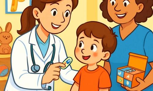 La docteure Zoé est une femme souriante d'une trentaine d'années, avec des cheveux châtains en queue de cheval, portant une blouse blanche et un stéthoscope. Elle examine un petit garçon d'environ 6 ans, assis sur une table d'examen. À côté, une infirmière d'une quarantaine d'années, avec des cheveux bouclés et un uniforme bleu, sourit en tenant une boîte de pansements colorés. La salle d'examen est lumineuse, avec des murs jaunes, des dessins d'animaux et des jouets. La docteure rassure le petit garçon, nerveux, en lui montrant un pansement avec un dinosaure, tandis que l'infirmière l'encourage avec un sourire.
