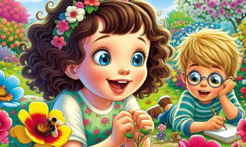 Léa, une fille de 10 ans aux cheveux bouclés et aux yeux pétillants, est accroupie dans un jardin coloré, entourée de fleurs éclatantes. Elle porte une robe légère à motifs floraux et sourit joyeusement. À côté d'elle, Maxime, son ami de 10 ans aux cheveux bruns et lunettes rondes, observe une abeille butinant une fleur avec fascination. Un peu plus loin, Chloé, une autre amie avec des tresses blondes, dessine les fleurs dans son carnet, assise sur l'herbe. Le jardin est un tableau de printemps, rempli de fleurs, d'arbres en fleurs et de papillons, sous un ciel bleu parsemé de nuages. Ensemble, ils explorent les merveilles du printemps, observant les insectes et notant leurs découvertes, créant un moment de joie et d'apprentissage dans la nature.