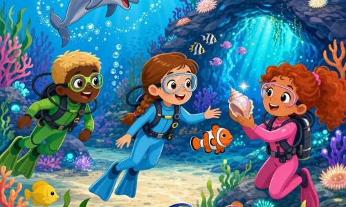 Trois enfants explorent une clairière sous-marine près d'une grotte brillante : une fille de 9 ans aux cheveux bruns en tresse et peau claire en combinaison bleu ciel nage au centre la main tendue vers un poisson-clown, un garçon de 10 ans aux cheveux blonds courts, lunettes rondes et peau hâlée en combinaison verte est à gauche souriant tandis qu'un dauphin joueur fait des pirouettes en arrière-plan, et une fille de 8 ans aux cheveux roux bouclés et taches de rousseur en combinaison rose est à droite tenant un gros coquillage scintillant qu'elle montre aux autres; décor lumineux de coraux colorés, herbes marines ondulantes, bancs de petits poissons multicolores et rochers couverts d'anémones phosphorescentes, rayons de lumière diagonaux, ambiance joyeuse et couleurs vives, silhouettes simples et expressions enthousiastes.