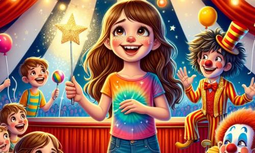 Une fille de 12 ans, Lila, avec de longs cheveux bruns et des yeux pétillants, se tient au centre de la scène, souriante. Elle porte un t-shirt coloré et un short en jean, tenant une baguette magique scintillante. À sa droite, Maxime, un jongleur d'environ 30 ans avec des cheveux noirs en désordre, jongle avec des balles multicolores. À sa gauche, Bobo, un clown aux cheveux rouges, éclabousse d'eau en essayant de se relever d'une bassine, faisant rire les spectateurs. Le lieu est une grande tente de cirque ornée de rayures rouges et blanches, avec des lumières scintillantes, créant une atmosphère magique. Lila, entourée d'artistes, fait un vœu pour que le cirque ne ferme jamais, tandis que des confettis colorés tombent autour d'eux, ajoutant à l'ambiance joyeuse.