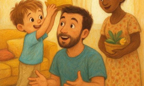 Garçon de 4 ans au visage rond et cheveux châtain clair en bataille, yeux grands et malicieux, en t‑shirt bleu ciel et pantalon beige pose une couronne en papier de travers sur la tête de son père. Le père, ~32 ans, barbe courte, cheveux bruns, sourire tendre et surpris, est assis sur un canapé moutarde, inclinant la tête et ouvrant les mains vers l'enfant. La mère, ~30 ans, cheveux en chignon lâche, robe à motifs doux, se tient debout derrière le canapé avec un panier contenant des feuilles et une fleur jaune, regardant la scène avec affection. Le salon, chaleureux et lumineux, sol en bois clair, tapis à motifs circulaires, coussins empilés formant un fort, table basse en bois avec gobelets colorés et herbier ouvert; ambiance tendre de fête des pères, couleurs chaudes, textures pastel et lumière dorée filtrant par la fenêtre.