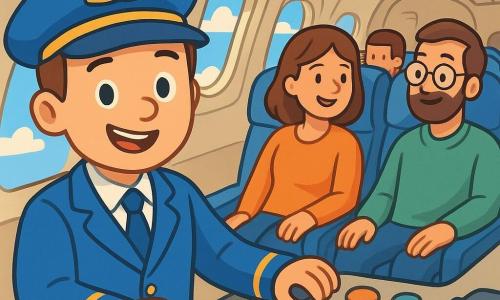 Un homme, Lucas, est le pilote d'un grand avion blanc, souriant et excité. Il porte une veste bleue brillante et une casquette avec des ailes dorées, debout dans le cockpit, entouré de boutons colorés, regardant à travers le hublot. À l'arrière, une dame d'une trentaine d'années discute avec un homme d'une quarantaine d'années. Ils échangent des places, leurs visages illuminés par la joie. L'intérieur de l'avion est moderne, avec des sièges confortables et des hublots laissant passer la lumière. Lucas prépare le décollage, rassurant les passagers, tandis que l'avion roule sur la piste, prêt à s'envoler vers le ciel bleu.