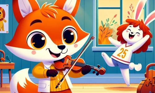 Illustration d'un renard mâle au pelage orange vif jouant du violon avec un sourire, entouré d'une lapine blanche en maillot de football qui applaudit, et d'un lion amical en arrière-plan. La scène se déroule dans une salle de classe colorée, avec des instruments de musique et des notes flottantes, illustrant une atmosphère joyeuse et inclusive où chacun peut exprimer ses passions.