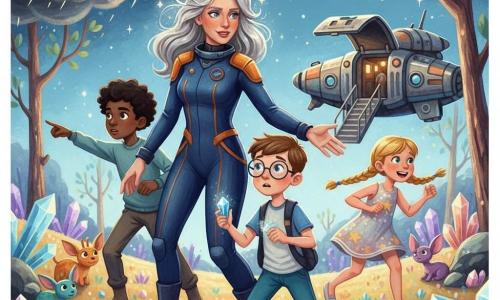 La capitaine Stella, pilote au visage déterminé et bienveillant et aux cheveux argentés, est au centre, tendant la main pour aider les enfants : Max, ~9 ans, lunettes rondes, tenant un petit cristal bleu scintillant, Lisa, ~8 ans, tresses dorées courant vers le vaisseau en regardant le ciel, et Ali, ~10 ans, peau mate et cheveux bouclés, pointant un nuage sombre ; la scène se déroule dans une clairière de la planète Zog, sol couvert de cristaux lumineux et arbres translucides, petits animaux aux grandes oreilles regardant, tandis qu’une tempête d’électrons approche et que le vaisseau Nova Explorer, métallique et coloré, attend la montée, créant une urgence douce.