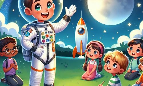 Un astronaute nommé Max se tient devant sa fusée brillante, souriant. Il porte une combinaison spatiale blanche avec des détails colorés, un casque transparent et des gants, entouré d’étoiles scintillantes dans le ciel nocturne. À côté de lui, quatre enfants (deux garçons et deux filles, âgés de 6 à 8 ans) l'écoutent avec émerveillement. Le premier garçon, aux cheveux bruns, pose une question, tandis que la première fille, avec des tresses, regarde Max avec curiosité. Le deuxième garçon, portant des lunettes, prend des notes, et la deuxième fille, aux cheveux bouclés, saute de joie. La scène se déroule sur un terrain verdoyant sous un ciel étoilé, avec la fusée argentée prête à décoller. Max raconte ses aventures spatiales, captivant les enfants qui rêvent de devenir astronautes.