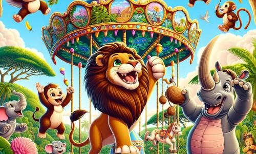 Léon le Lion, un lion majestueux avec une crinière dorée, se tient sur une boîte en bois, prêt à annoncer l'inauguration de son manège volant. À ses côtés, Rita la Rhinocéros, une grande rhinocéros grise avec des taches roses, peint des motifs colorés sur les sièges, souriante. Max le Singe, un petit singe espiègle, jongle avec des noix de coco en riant. La scène se déroule dans une jungle vibrante, remplie de feuillages, de fleurs et d'arbres majestueux, sous un ciel bleu. Au centre, le manège volant, coloré et décoré de plumes, tourne joyeusement, tandis que des animaux de la jungle applaudissent et rient, créant une atmosphère festive.