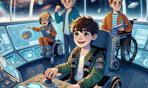 Quatre garçons de onze ans se trouvent dans une salle futuriste de l'Holo-Dôme. Léo, avec des cheveux bruns en bataille et un sourire éclatant, est assis dans un cockpit de simulateur de vol, prêt à décoller. Max, aux cheveux blonds, est à côté de lui, vêtu d'une combinaison de pilote colorée. Hugo, avec des lunettes rondes et un livre sous le bras, observe les écrans holographiques affichant des paysages interstellaires. Sam, en fauteuil roulant, ajuste des paramètres techniques sur un écran de contrôle. La salle immense, aux murs translucides, projette des images de galaxies et des vaisseaux spatiaux miniatures flottent autour d'eux, créant une atmosphère magique. Les garçons sont prêts pour une aventure vers des mondes lointains, entourés d'hologrammes de planètes et d'étoiles.