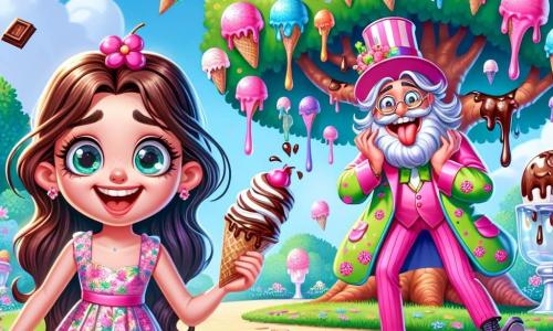 Lili, une petite fille de 8 ans aux longs cheveux bruns et aux yeux curieux, se tient devant un arbre magique qui produit des glaces. Elle porte une robe colorée à motifs floraux et sourit de joie. À ses côtés, le Professeur Zazou, un homme excentrique d'environ 50 ans en costume rose et chapeau en forme de gâteau, glisse sur une flaque de chocolat fondu en riant. Le décor est un parc ensoleillé avec des arbres, des fleurs et un ciel bleu. L'arbre magique projette des boules de glace multicolores dans les airs, tandis que Lili et le Professeur Zazou courent pour attraper une boule de glace espiègle, ajoutant de l'excitation à cette scène colorée.