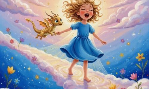 Une fillette de six ans, aux cheveux bouclés couleur miel et aux grands yeux brillants, porte une robe bleue flottante et chante en avançant sur un pont de nuages tandis qu'un petit dragon doré aux écailles scintillantes vole à ses côtés pour la guider ; le pont surplombe un abîme bleu, bordé de fleurs lumineuses et d'étoiles, sous un ciel pastel, et son chant fait vibrer les nuages en créant un chemin sûr, avec textures cotonneuses, reflets dorés et un voile de lumière autour de ses pas.