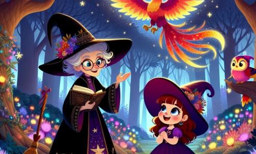 Lila, une apprentie sorcière de 8 ans, se tient au centre de la scène, les yeux brillants d'excitation. Elle porte une robe violette ornée d'étoiles dorées et un chapeau pointu trop grand, tenant un balai magique. Son sourire radieux illumine son visage alors qu'elle observe un phénix flamboyant volant au-dessus d'elle, ses plumes dorées et rouges scintillant au soleil. À côté d'elle, Héloïse, une sorcière excentrique de 60 ans avec des cheveux gris en désordre et une robe noire à motifs de lunes argentées, lui sourit fièrement en tenant un grimoire ouvert. Le décor est une forêt enchantée avec des arbres majestueux, des fleurs magiques éclatantes et des lucioles dansant dans l'air. Lila s'approche du phénix, qui lui a donné une plume dorée en signe de respect, prête à accomplir sa mission sous le regard bienveillant d'Héloïse.