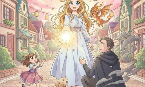 Lila, jeune femme souriante aux longs cheveux ondulés dorés et yeux bleu clair, tend la main en lançant une boule de lumière chaude jaune scintillante ; Flamme, petit dragon doré et rouge de la taille d’un chat, vole en crachant de petites flammes ambrées ; Biscuit, petit chien beige, est assis au pied de Lila, émerveillé ; l’Ombromant, homme d’une quarantaine d’années en cape sombre, est à genoux, surpris tandis que les ténèbres s’évaporent en fumée grise ; une fillette en robe colorée applaudit et court depuis la gauche ; le tout se déroule sur une grande place pavée aux maisons colorées et jardins fleuris, sous un ciel de crépuscule rose-orangé, dans une atmosphère de réconciliation et de fête avec lumière douce, confettis et étincelles.
