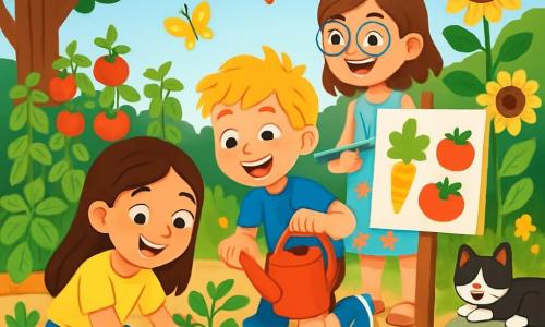 Il y a trois enfants dans un jardin partagé : Océane, une fille de 8 ans aux longs cheveux bruns, souriante, qui plante des tomates ; Max, un garçon de 8 ans aux cheveux blonds en bataille, riant avec un arrosoir ; et Zoé, une fille de 8 ans avec des cheveux châtains et des lunettes, qui dessine un panneau coloré. Le jardin est rempli de plantes colorées, de fleurs éclatantes et de légumes, sous un ciel bleu clair et un vieux chêne. Les enfants travaillent ensemble, s'amusant tout en apprenant à jardiner, entourés de verdure et d'outils de jardinage.