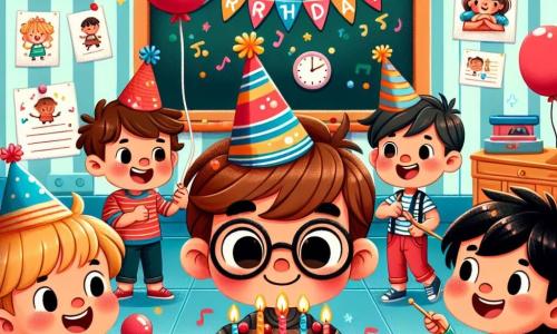 Dans une salle de classe colorée, Petit Tom, 7 ans, avec des cheveux bruns et des lunettes, porte un chapeau de fête rouge et tient un ballon rouge. À ses côtés, Petit Max, 6 ans, aux cheveux blonds, sourit avec un tambour. Un peu plus loin, Petit Léo, 7 ans, avec des cheveux noirs, se cache derrière une porte en riant. La salle est décorée de guirlandes, avec un tableau noir et des dessins d'enfants aux murs. Un gâteau au chocolat avec des bougies scintillantes est au centre de la table ornée de confettis. Petit Tom souffle ses bougies, entouré de ses amis qui chantent "Joyeux anniversaire !" dans une atmosphère festive et magique.
