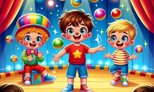 Trois garçons de quatre ans sont au centre d'un chapiteau de cirque coloré : Léo, aux cheveux bruns, jongle avec des balles colorées, Max, aux cheveux blonds, fait des grimaces avec un chapeau de clown, et Tom, aux cheveux noirs et lunettes rondes, rit en essayant de jongler. Le public, assis sur des bancs en bois, applaudit et rit, créant une atmosphère joyeuse et magique.