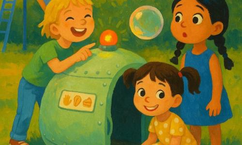 Trois fillettes de 5 ans environ : Lila (5 ans et demi, cheveux bruns en couettes, robe jaune à pois blancs) accroupie au premier plan près d'une mini-navette ronde vert pâle taille baignoire, main tendue vers sa porte en forme de sourire ; Inès (5 ans, cheveux blonds courts, t-shirt vert et jean) debout à gauche, riant et pointant un gros bouton clignotant rouge et jaune ; Maya (5 ans, cheveux noirs en tresses, robe bleue) à droite, yeux écarquillés sentant une grosse bulle de savon transparente parfum vanille qui flotte au centre. Le décor : petit parc ensoleillé au crépuscule, herbe verte parsemée de pâquerettes, grand toboggan bleu en arrière-plan à gauche, buissons feuillus et ciel clair avec une petite lumière verte tombante, ombres douces au sol. La navette est brillante, métallique et lisse avec petits rivets et un panneau illustré (main, oreille, part de gâteau) sur le flanc.