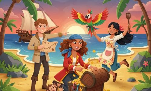 Lila, une femme pirate souriante aux cheveux bruns bouclés, agenouillée au crépuscule devant un coffre ancien qu’elle ouvre, Max (≈18 ans) à gauche pointant la carte vers l’horizon, Clara (≈20 ans) à droite sautillant avec une spatule, le perroquet multicolore Gringo perché sur l’épaule droite de Lila et le petit singe brun Coco applaudissant près du coffre; sur la plage dorée aux palmiers penchés, rochers moussus et fleurs tropicales, le « Bateau des Vents » est ancré au large; pièces d’or et bijoux scintillent autour du coffre, ambiance chaleureuse aux ombres douces, couleurs vives, composition simple et lisible pour enfants, textures papier découpé visibles et contours nets et contrastés.