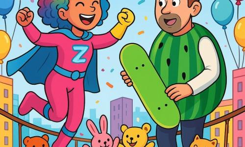 Super Zaza, une jeune femme souriante aux cheveux bouclés et colorés, porte un costume brillant aux teintes vives de rose et de bleu, avec une cape flottante. Elle saute sur une passerelle suspendue entre deux immeubles. Monsieur Melon, un homme d'environ 40 ans, est vêtu d'un costume de pastèque et se tient à côté de Zaza, tenant un skateboard en mousse. La scène se déroule sur une passerelle en bois ornée de ballons multicolores et de confettis, avec des immeubles colorés en arrière-plan. Zaza et Monsieur Melon s'apprêtent à traverser, entourés de peluches chantantes qui créent une atmosphère festive.