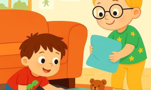 Il y a deux personnages principaux : Tom, un garçon de 5 ans aux cheveux bruns en bataille et aux yeux pétillants, portant un t-shirt rouge avec un dinosaure et un short bleu, accroupi sous le canapé ; et Léo, également âgé de 5 ans, avec des cheveux blonds et des lunettes rondes, vêtu d'un t-shirt vert avec des étoiles et d'un pantalon jaune, debout avec un coussin. L'histoire se déroule dans un salon chaleureux avec un grand canapé, un tapis coloré et des jouets éparpillés. Tom et Léo sont en pleine enquête pour retrouver Doudou, leur peluche disparue, avec des sourires concentrés sur leurs visages.