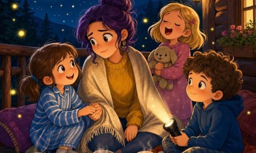 Une scène réconfortante sur la terrasse d’un chalet en bois sous un grand ciel étoilé : une fillette de 6 ans brune en couettes, en pyjama rayé bleu, tient la main de sa maîtresse d’environ 30–40 ans aux cheveux violets en chignon, vêtue d’un pull moutarde et d’une couverture beige; un garçon de 7 ans aux cheveux bouclés, lampe de poche sur les genoux, éclaire les visages, et une autre fillette blonde de 6 ans chante en tenant une peluche; tasses de chocolat chaud sur une table, couvertures colorées, lucioles et lune ronde, sapins sombres en arrière‑plan; style illustration vectorielle simple, couleurs vives, contours nets, ambiance chaleureuse et apaisante.