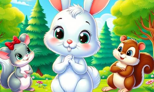 Au centre de l'image, Lapinot, un petit lapin aux grandes oreilles et à la fourrure blanche, se tient debout sur ses pattes arrière dans une clairière ensoleillée, affichant une expression gênée. À gauche, Souricette, une petite souris grise avec un nœud rouge, sourit bienveillamment assise sur une fleur. À droite, Écureuil, un écureuil brun aux yeux malicieux, croise les bras, amusé, sur une branche. La clairière est verdoyante, entourée de grands arbres et de fleurs multicolores, sous un ciel bleu clair. Lapinot avoue à ses amis qu'il a menti sur ses talents d'acrobate, tandis que Souricette et Écureuil l'écoutent avec compréhension, créant une atmosphère chaleureuse.