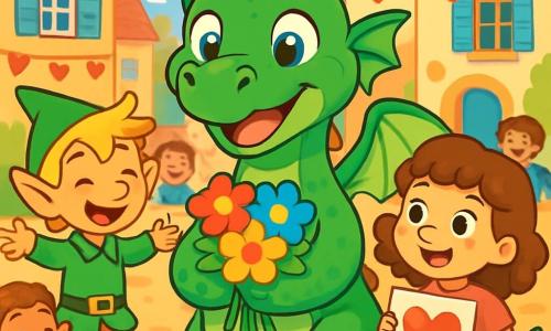 Drago, un dragon aux écailles vertes et aux yeux curieux, sourit au centre de la scène, tenant un bouquet de fleurs multicolores. À gauche, Léon, un petit lutin aux cheveux ébouriffés, exprime sa joie, tandis qu'à droite, une petite fille aux cheveux bouclés regarde Drago avec excitation. La scène se déroule sur la place du village, entourée de maisons colorées, où des enfants rient et jouent, créant une atmosphère festive. Drago partage un moment de joie avec ses amis, célébrant la Saint-Valentin avec des cartes et des sourires, symbolisant l'amitié et le partage.