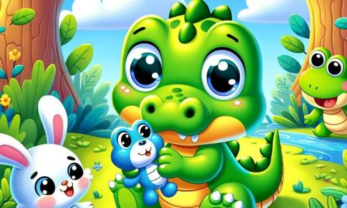Un petit crocodile vert, nommé Crocolou, avec de grands yeux ronds et une expression inquiète, cherche son doudou bleu au milieu de la forêt. À côté de lui, une grenouille joyeuse saute sur une feuille, prête à l'aider. Un lapin blanc et curieux se tient un peu plus loin, en train de renifler le sol. L'arrière-plan montre une forêt dense avec des arbres épais, des fleurs colorées et un ciel bleu avec des nuages. Crocolou, entouré de ses amis, cherche désespérément son doudou bleu perdu, tandis que la lumière du soleil filtre à travers les feuilles.