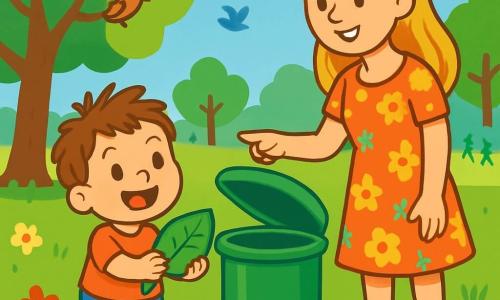 Léo, un petit garçon de 2 ans aux cheveux bruns en désordre et aux yeux pétillants, tient une feuille verte dans ses mains. Il sourit largement, debout sur l'herbe entourée de fleurs colorées. À ses côtés, sa maman, une femme d'environ 30 ans aux cheveux longs et blonds, porte une robe légère à motifs floraux et lui montre une poubelle verte pour jeter la feuille. Le parc est lumineux avec de grands arbres, des oiseaux chantant et un ciel bleu parsemé de nuages. Léo, excité, ramasse une feuille par terre pour la jeter dans la poubelle, montrant son engagement à protéger la nature.