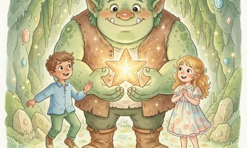 Un grand ogre vert mousse nommé Grumbo, massif mais bienveillant, sourit tendrement en tenant délicatement une étoile dorée scintillante; à sa droite Lila, une fillette aux cheveux bouclés dorés en robe à fleurs pastel, presse l’étoile contre sa poitrine, et à sa gauche Max, un garçon aux cheveux bruns courts en chemise bleue et pantalon vert, saute d’excitation; ils forment un petit groupe complice au centre d’une grotte tapissée de mousse et de pierres précieuses, sol fleuri scintillant, éclairage chaud et doré projetant des reflets cuivrés et des étincelles; style aquarelle douce aux textures floues et couches translucides, détails rehaussés de traits blancs pour les reflets.