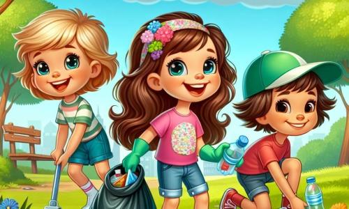 Lola, une petite fille de 6 ans aux grands yeux brillants et aux cheveux châtains bouclés, sourit en tenant un sac poubelle d'une main et un gant coloré de l'autre. Elle porte un t-shirt rose avec un dessin de fleur et un short en jean. À côté d'elle, Max, un garçon de 6 ans aux cheveux blonds, ramasse une bouteille en plastique avec détermination. Clara, une autre petite fille de 6 ans aux cheveux longs, porte une casquette verte et se penche pour ramasser un papier, souriant fièrement. Le parc est verdoyant avec de l'herbe, des fleurs et des arbres, sous un ciel bleu parsemé de nuages blancs. Lola et ses amis nettoient le parc en ramassant des déchets, riant et chantant tout en profitant de la nature.