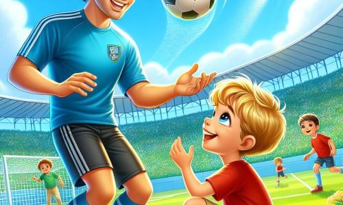 Maxime, un homme athlétique d'une trentaine d'années aux cheveux bruns et bouclés, porte un maillot de football bleu et un short noir. Il sourit en jonglant habilement avec un ballon de football. À ses côtés, Lucas, un garçon de 10 ans aux cheveux blonds, est assis sur l'herbe en t-shirt rouge et short beige, admirant Maxime et prêt à apprendre. Le décor est un stade verdoyant sous un ciel bleu, avec des arbres en fleurs et des enfants jouant au loin. L'atmosphère est joyeuse, avec Maxime jonglant et Lucas l'observant émerveillé.