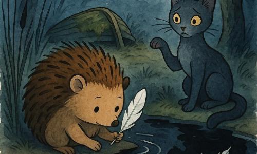 Milo, petit hérisson aux piquants courts et bruns, accroupi au bord d'un étang d'encre noire, tient délicatement une plume blanche entre ses piquants tandis que Sélène, un chat élancé gris aux reflets argentés, se tient derrière lui, patte levée, regardant son reflet; des ombres triangulaires timides glissent au sol autour d'arbres noueux, roseaux et une vieille barque renversée couverte de mousse bordent l'eau sous une pâle lueur de lune; ambiance silencieuse, tendre et légèrement inquiétante, rendu en encre colorée avec lavis, contours nets et touches lumineuses pour les plumes.
