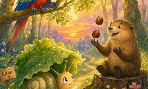 Un escargot nommé Léon à la coquille crème et verte et au corps brillant rampe sous une grande feuille, laissant une trace brillante, pendant que Marcel la marmotte au pelage brun, assis sur une souche, jongle avec deux noisettes et sourit ; un perroquet rouge, bleu et jaune perché au-dessus tient un micro de plumes comme un présentateur, le tout dans une forêt lumineuse au coucher du soleil aux couleurs chaudes aquarellées, ambiance douce et drôle.