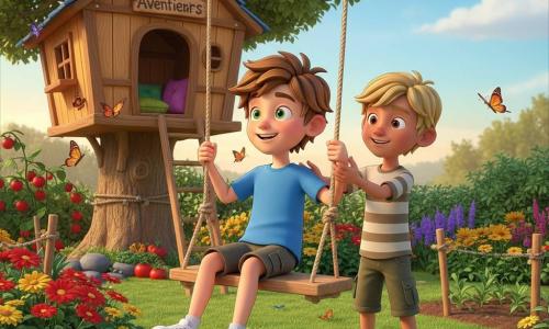 Lucas, 10 ans, cheveux châtains en bataille, yeux verts, t-shirt bleu et baskets blanches, souriant et assis sur une balançoire en corde; Tom, 10 ans, blond avec taches de rousseur, short kaki et chemise rayée, le pousse gentiment depuis la droite; en arrière-plan une cabane en bois perchée dans un grand chêne avec coussins visibles et panneau « Cabane des Aventuriers », jardin fleuri et potager avec tomates, papillons; lumière dorée d’après-midi, ciel bleu, ambiance chaleureuse, style cartoon 3D cel-shading, composition centrée sur l’amitié des garçons.