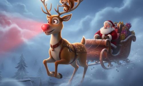 Un petit renne brun doré aux grands yeux et au nez rouge lumineux guide courageusement un traîneau en bois chargé de cadeaux, galopant dans un ciel nocturne hivernal brumeux ; le Père Noël, vieil homme rond et souriant en manteau rouge, tient les rênes derrière lui tandis qu'un écureuil roux s'accroche à une de ses oreilles, et le faisceau rouge du nez perce la brume, créant des reflets sur la neige et une atmosphère magique.