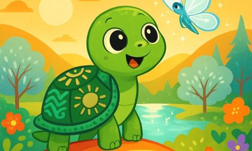 Une tortue nommée Tilly, avec une carapace verte ornée de motifs de vagues et de soleils dansants, se tient au sommet d'une colline arc-en-ciel. Ses grands yeux brillants expriment l'émerveillement et la joie en regardant un lac étincelant en contrebas. À ses côtés, un papillon nommé Luna, aux ailes transparentes et scintillantes, vole gracieusement autour d'elle. En arrière-plan, la vallée des Rêves s'étend, avec des arbres aux feuilles d'argent et des fleurs colorées dansant au gré du vent, baignées dans une lumière dorée. Tilly, curieuse, est prête à explorer ce monde enchanteur, entourée de la beauté de la nature.