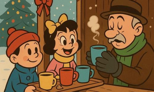 Léo et Inès, deux enfants de 6 ans, sont les protagonistes de cette scène hivernale. Léo, avec un manteau bleu et un bonnet rouge, et Inès, vêtue d'un manteau rose et d'une écharpe jaune, tiennent ensemble un plateau en bois avec des tasses colorées. Ils se trouvent dans un kiosque en bois décoré de rubans rouges sur une place enneigée, devant un grand sapin de Noël illuminé. Ils servent du chocolat chaud à un facteur âgé, qui souffle sur ses doigts glacés, en signe de gratitude. Un petit grelot doré sur le plateau ajoute une touche magique à l'ensemble.