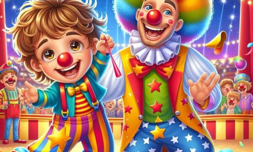 Un garçon de 6 ans, Léo, avec des cheveux bruns en bataille et des yeux pétillants, porte un costume de clown coloré. Il sourit en tenant un nez rouge en plastique et fait des grimaces. À ses côtés, Max, un clown jovial d'environ 30 ans, rit en lançant des balles en l'air. En arrière-plan, un chapiteau de cirque rayé rouge et jaune est entouré de lumières scintillantes et de spectateurs émerveillés. La scène est colorée et remplie de confettis, capturant l'excitation d'un spectacle de cirque. Léo et Max réalisent un numéro comique qui amuse le public.