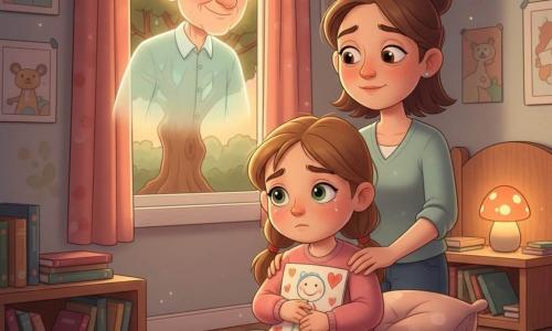 Une fillette de 8 ans, cheveux châtain clair en couettes, yeux verts et visage rond, les larmes aux yeux, assise sur une couverture à carreaux, serre un dessin contre sa poitrine en parlant doucement à son grand-père disparu; Papé Jean, environ 75 ans, apparaît en silhouette lumineuse et souriante flottant au-dessus, la regardant tendrement; la mère d’une trentaine d’années, cheveux bruns attachés et yeux rougis, se tient derrière elle, main sur son épaule pour la réconforter; scène dans une chambre d’enfant baignée de lumière dorée du soir, murs pastel avec dessins d’animaux, grande fenêtre sur un chêne et lampe allumée; ambiance mélancolique mais chaleureuse, couleurs chaudes et contrastes doux, composition centrée sur le lien affectif entre la fillette et le souvenir du grand-père.