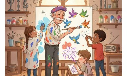 Maître Léo, homme souriant au visage ridé et moustache touffue, béret violet et chemise tachée, tient un grand pinceau et peint des oiseaux multicolores sur une immense toile; Zoé, fillette en tresse et blouse trop grande tachée de bleu, tamponne une forme nuageuse à l'éponge à gauche; Malik, garçon concentré en t-shirt rouge, fait des points étoilés à l'extrémité d'un pinceau à droite de Maître Léo; Tom, timide et émerveillé, en tablier rose pâle, souffle de la peinture à la paille pour créer un feu d'artifice violet, agenouillé devant un chevalet bas; l'atelier chaleureux a un sol en planches, une grande fenêtre laissant entrer une lumière dorée, étagères de pots de peinture vifs, rouleaux, vieux pinceaux, sculptures en métal et une radio vintage; la scène montre les quatre en création collective devant la toile, rires silencieux, éclaboussures de peinture formant un tableau foisonnant de couleurs et motifs joyeux; style graphique aux couleurs saturées, textures de peinture visibles, traits doux et arrondis, petits doodles (étoiles, lignes ondulées, cœurs) en superposition pour un rendu enfantin et magique.