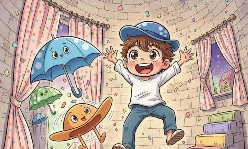 Malo, garçon de 4 ans joyeux aux cheveux bruns en bataille et chapeau bleu, saute à cloche-pied, bras en l'air et sourire large ; Chapo, un chapeau orange animé, bondit près de lui tandis qu'une famille de parapluies à pois (un grand bleu, deux verts) rit et se cache derrière des rideaux, le tout dans la grande salle ronde d'une tour penchée en pierre aux murs colorés et motifs rayés, éclairée d'une lumière douce avec confettis tombants — ambiance loufoque, colorée et mouvementée.
