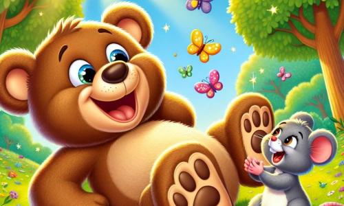 Un ours en peluche nommé Oscar, avec un pelage brun et des yeux pétillants, est allongé sur le dos dans une clairière ensoleillée, riant. À côté de lui, une petite souris grise nommée Lila, avec de grandes oreilles, le regarde en riant. La clairière est entourée d'arbres verts et de papillons colorés. L'herbe est verte et parsemée de fleurs sauvages. Oscar et Lila s'amusent ensemble, Oscar essayant de se lever en imitant un papillon, tandis que Lila l'encourage.