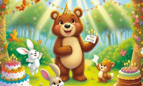 Un grand ours brun nommé Oscar, au pelage doux et aux yeux pétillants, se tient au centre d'une clairière ensoleillée, entouré de gâteaux colorés et de guirlandes de fleurs. Il sourit, les bras ouverts, prêt à accueillir ses amis pour sa fête d'anniversaire. À sa droite, un petit lapin nommé Tobi, aux longues oreilles et aux yeux vifs, saute de joie avec une invitation dans ses pattes. À gauche, un dragon miniature nommé Flambo bat des ailes avec curiosité, prêt à montrer la forêt d'en haut. La clairière est décorée de fleurs multicolores, baignée de soleil, avec des oiseaux chantant et un léger vent. Oscar célèbre son anniversaire entouré de ses amis, créant un moment de bonheur partagé.