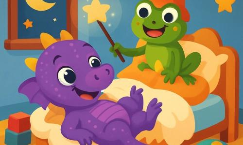 Toupitou, le petit dragon violet, est allongé sur son lit en nuage, avec des yeux curieux et un grand sourire. Ses écailles scintillent sous la lumière de la lune. Grenouillou, la grenouille verte avec un chapeau pointu, est perchée sur l'oreiller, ses yeux pétillants de malice et un sourire espiègle. Elle agite une baguette magique, prête à exaucer un vœu drôle. La scène se déroule dans une chambre chaleureuse, décorée de étoiles dorées et de murs bleus. Un tapis en forme de fleur est au sol, et des jouets colorés sont éparpillés. Toupitou et Grenouillou se préparent à faire un vœu rigolo, remplis d'excitation et de rires.