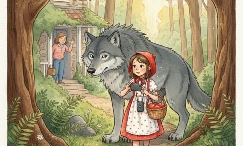 Le Petit Chaperon rouge, une fillette souriante mais prudente en cape rouge et robe à pois, porte un panier de pommes et avance sur un sentier boueux bordé de fougères et de chênes tandis qu'un grand loup gris la suit à distance en l'observant ; la mère, silhouette au porche d'une maison de pierre couverte de lierre, la salue, et la fillette prend des photos avec un petit téléphone en bandoulière dans une atmosphère douce et légèrement mystérieuse.